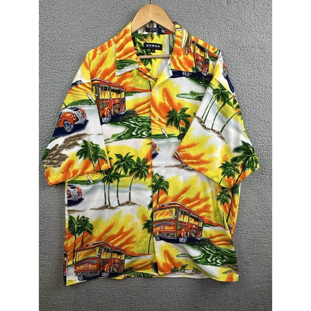 VTG  Koman Sport Hawaiian Shirt Men XL Multicolor Streetcar Surf Boards Honolulu